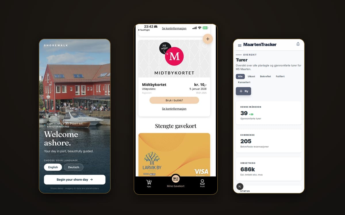 Tre apper mSale har bygget — Shorewalk, Mine Gavekort og MaartenTracker — vist på mobil
