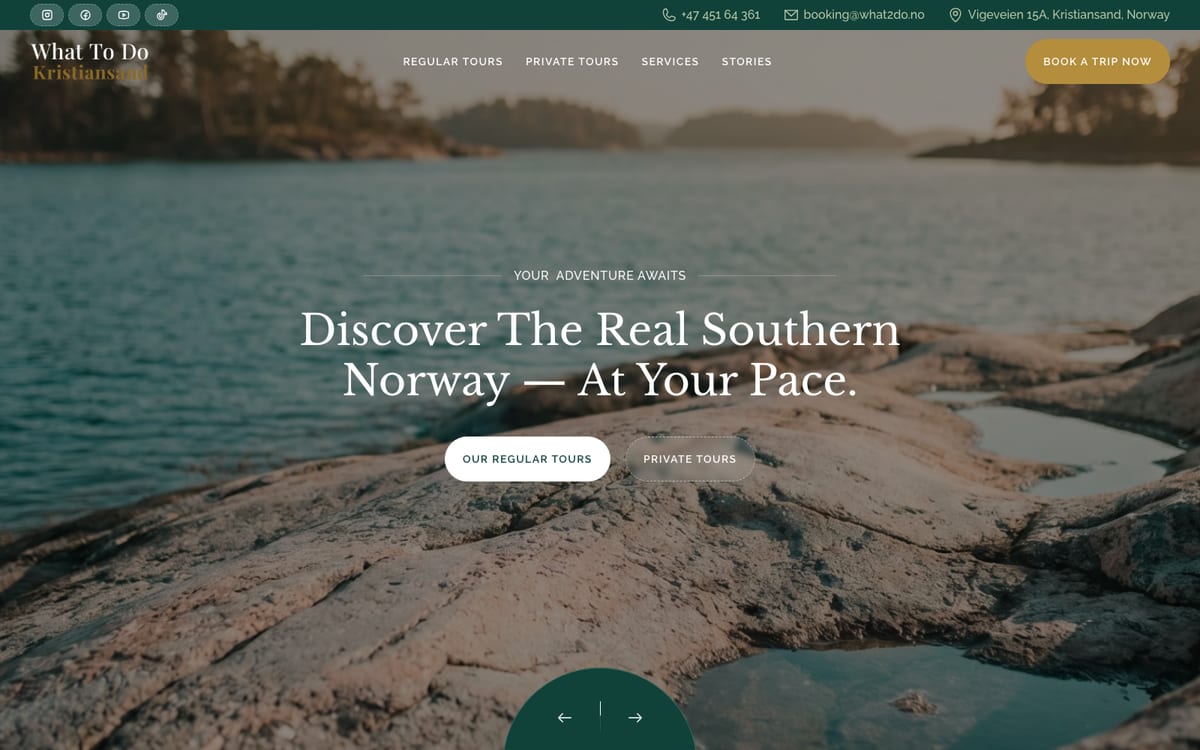 Skjermbilde av whattodoinkristiansand.com — turer i Sørlandsskjærgården