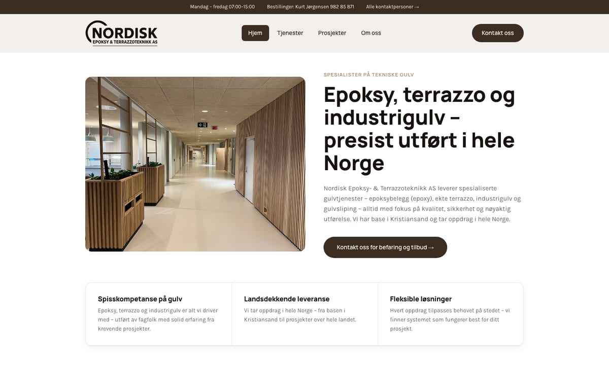 Screenshot of nordiskepoksyteknikk.no — specialists in epoxy, terrazzo, and industrial flooring