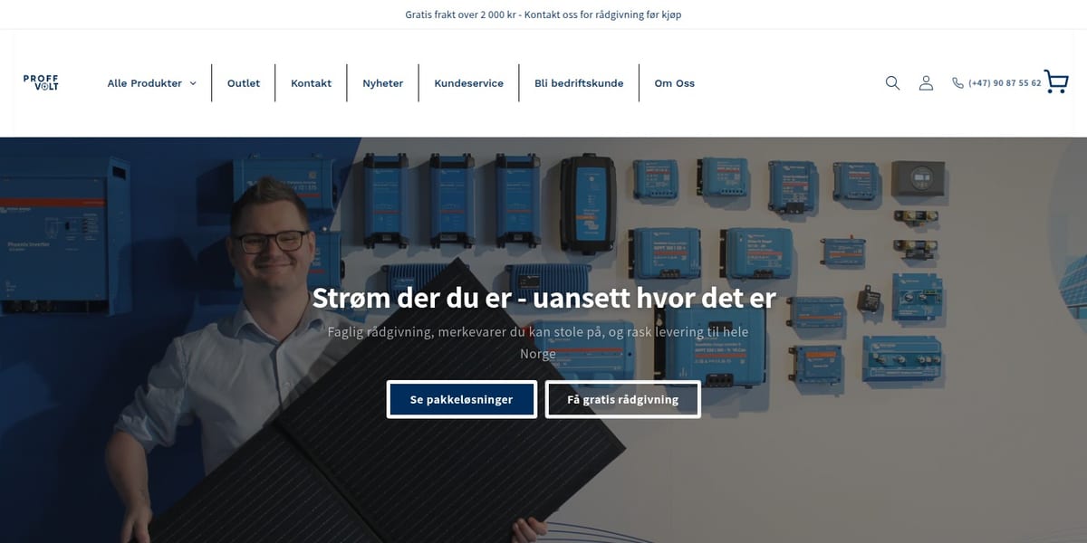 Skjermbilde av proffvolt.no — strøm der du er, uansett hvor det er