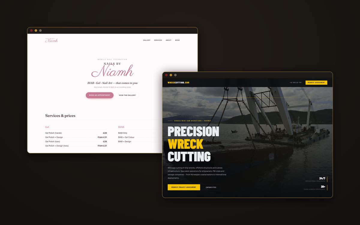 To nettsider mSale har bygget — Nails by Niamh og Wreck Cutting — vist som nettleservinduer